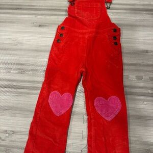 Boden Red Corduroy Overalls with Pink Heart Accents
